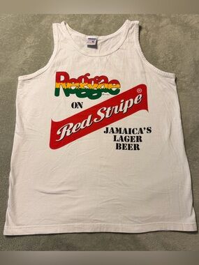 Vintage 90s Reggae Red Stripe Beer Tank Top Small White Jamaicas Lager T-Shirt